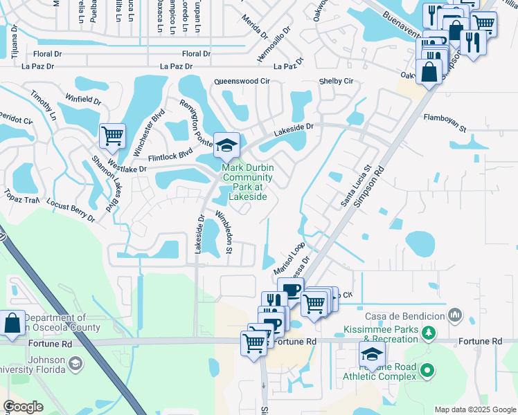 map of restaurants, bars, coffee shops, grocery stores, and more near 2251 Lakeside Drive in Kissimmee
