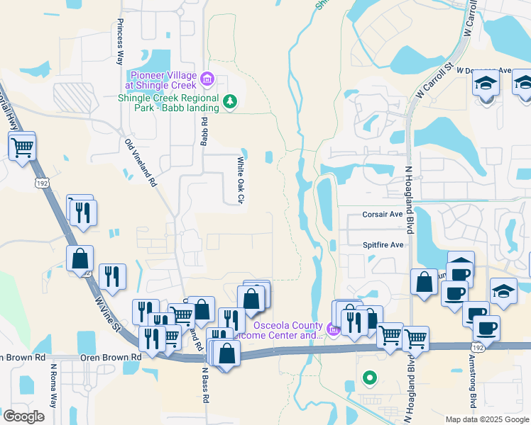 map of restaurants, bars, coffee shops, grocery stores, and more near 2198 Yates Road in Kissimmee