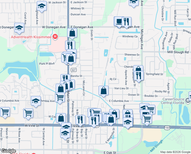map of restaurants, bars, coffee shops, grocery stores, and more near 507 Mildred Court in Kissimmee