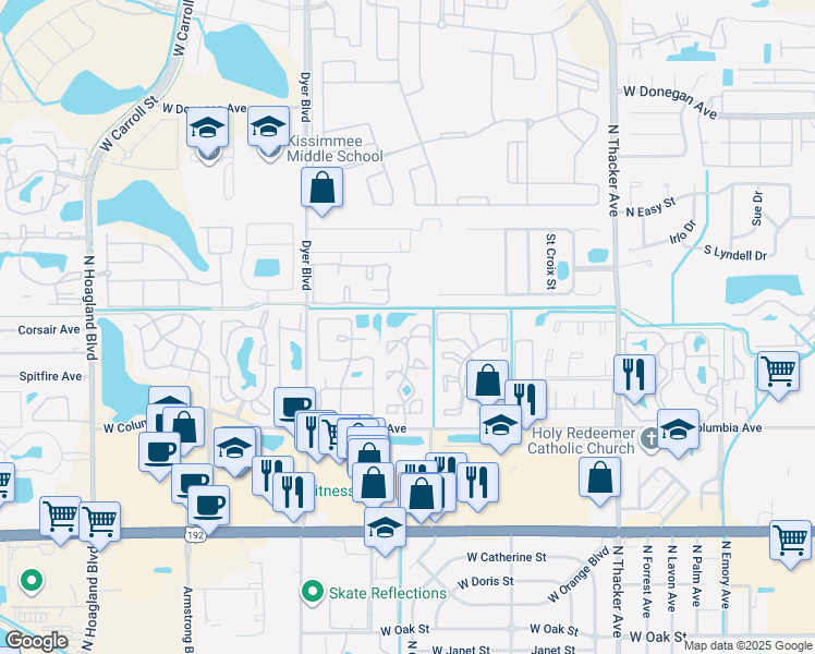 map of restaurants, bars, coffee shops, grocery stores, and more near 2202 Cascades Boulevard in Kissimmee