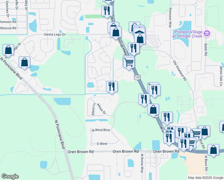 map of restaurants, bars, coffee shops, grocery stores, and more near 4800 Pliny Court in Kissimmee
