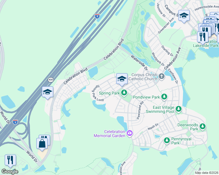 map of restaurants, bars, coffee shops, grocery stores, and more near 860 Spring Park Loop in Kissimmee