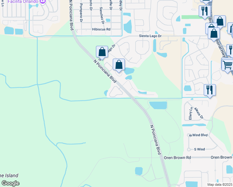 map of restaurants, bars, coffee shops, grocery stores, and more near 5012 Laguna Bay Circle in Kissimmee