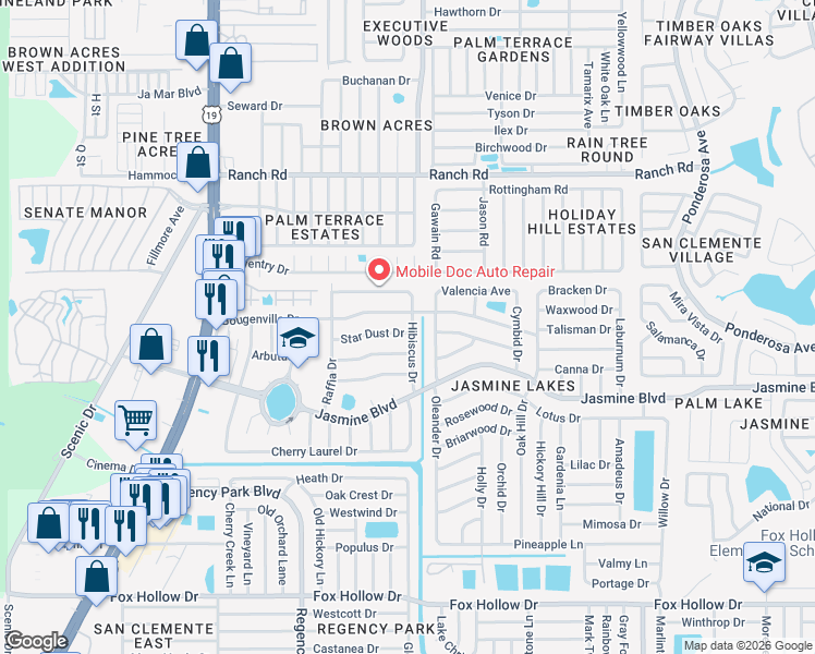 map of restaurants, bars, coffee shops, grocery stores, and more near 7417 Tangelo Avenue in Port Richey