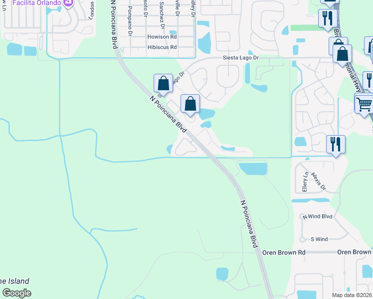 map of restaurants, bars, coffee shops, grocery stores, and more near 5009 Laguna Bay Circle in Kissimmee