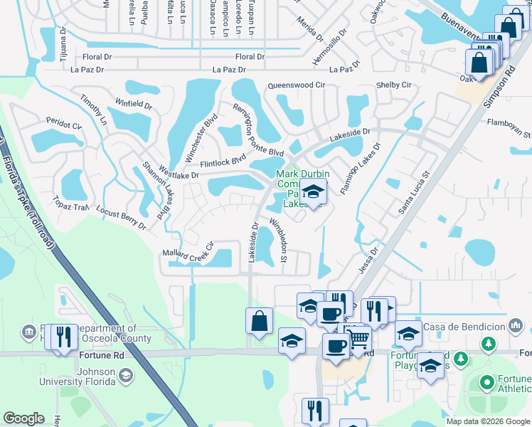 map of restaurants, bars, coffee shops, grocery stores, and more near 1842 Wimbledon Street in Kissimmee