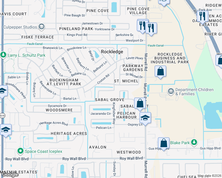 map of restaurants, bars, coffee shops, grocery stores, and more near 1013 Sabal Grove Drive in Rockledge