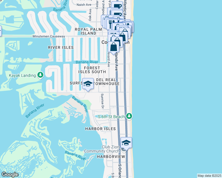 map of restaurants, bars, coffee shops, grocery stores, and more near 320 South 4th Street in Cocoa Beach