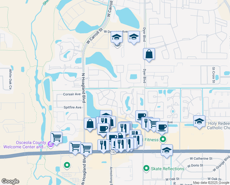 map of restaurants, bars, coffee shops, grocery stores, and more near 3827 Club Court in Kissimmee