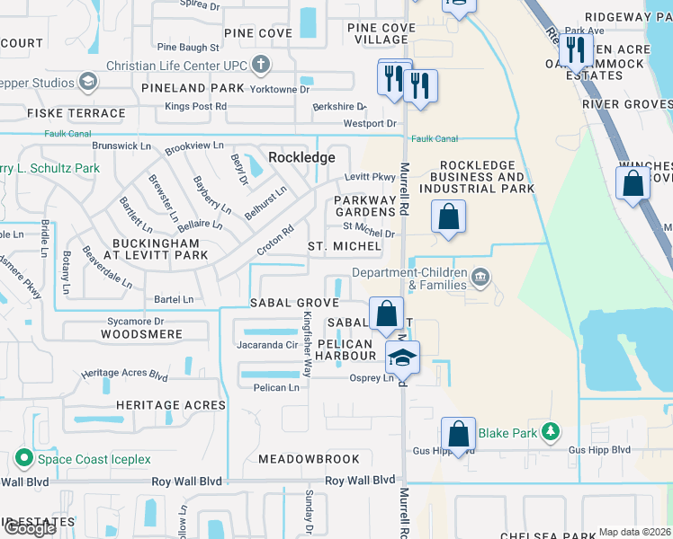 map of restaurants, bars, coffee shops, grocery stores, and more near 968 Tamarind Circle in Rockledge