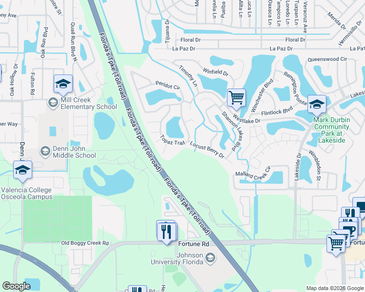 map of restaurants, bars, coffee shops, grocery stores, and more near 1982 Locust Berry Drive in Kissimmee