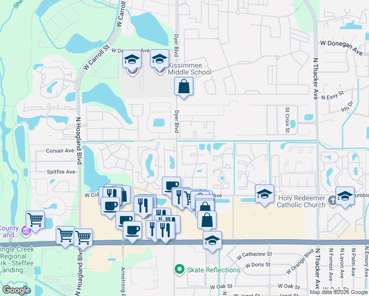map of restaurants, bars, coffee shops, grocery stores, and more near 2004 Avon Boulevard in Kissimmee