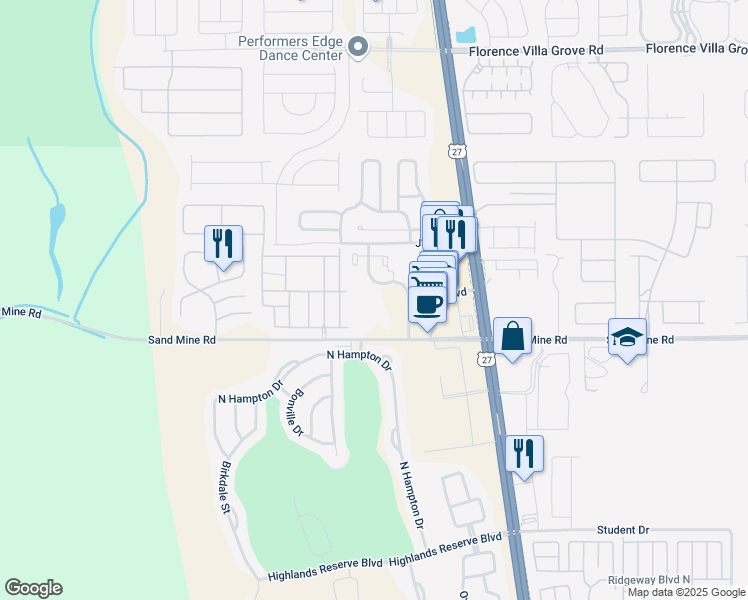 map of restaurants, bars, coffee shops, grocery stores, and more near 2600 Sand Mine Road in Davenport