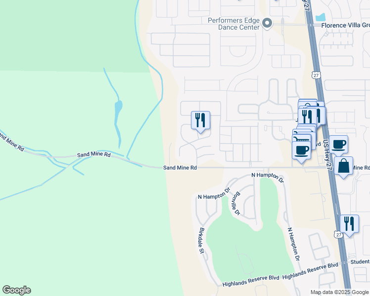 map of restaurants, bars, coffee shops, grocery stores, and more near 121 Caribbean Drive in Davenport