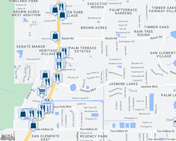 map of restaurants, bars, coffee shops, grocery stores, and more near 7306 Bougenville Drive in Port Richey