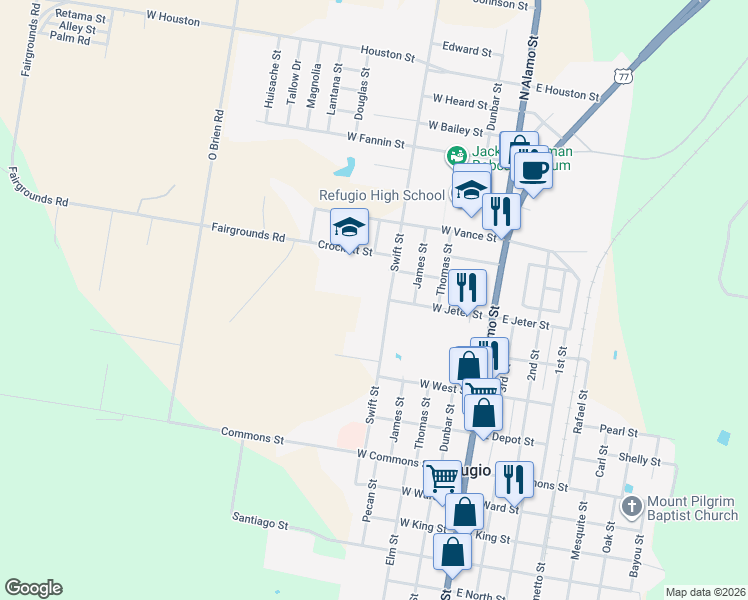 map of restaurants, bars, coffee shops, grocery stores, and more near 411 Swift Street in Refugio