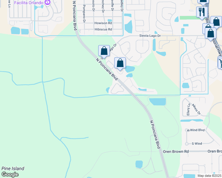 map of restaurants, bars, coffee shops, grocery stores, and more near 5005 Laguna Bay Circle in Kissimmee