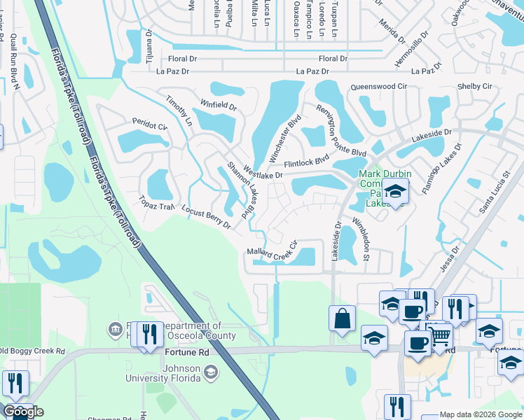 map of restaurants, bars, coffee shops, grocery stores, and more near 2078 Shannon Lakes Boulevard in Kissimmee