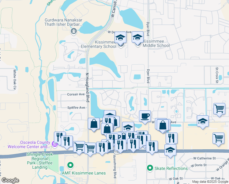 map of restaurants, bars, coffee shops, grocery stores, and more near 3831 Bowline Circle in Kissimmee