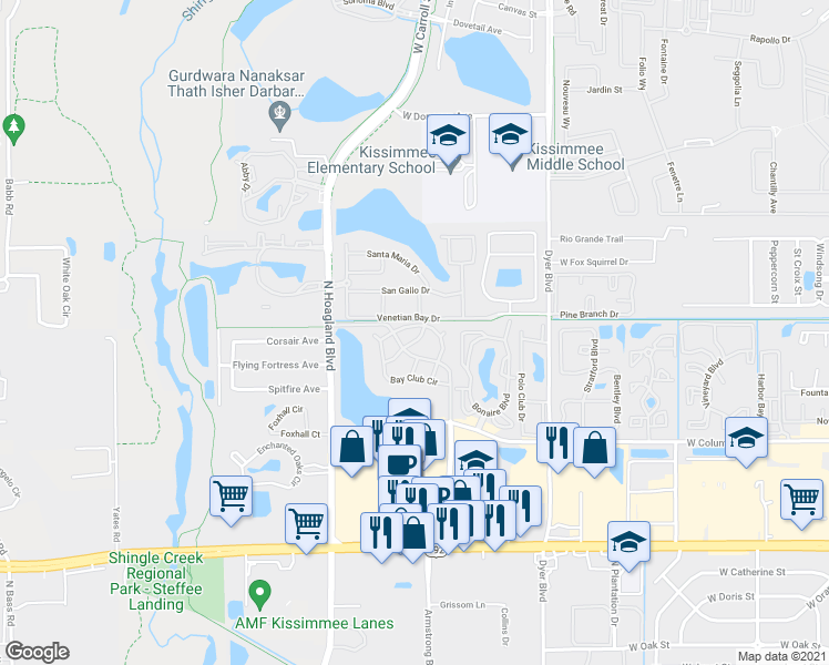 map of restaurants, bars, coffee shops, grocery stores, and more near 4015 Venetian Bay Drive in Kissimmee