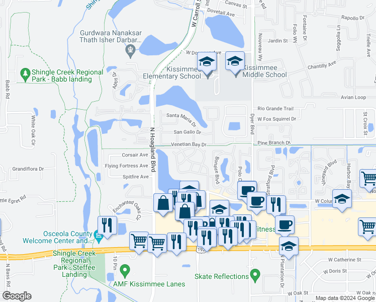 map of restaurants, bars, coffee shops, grocery stores, and more near 4015 Venetian Bay Drive in Kissimmee