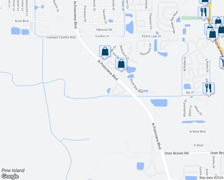 map of restaurants, bars, coffee shops, grocery stores, and more near 5005 Laguna Bay Circle in Kissimmee