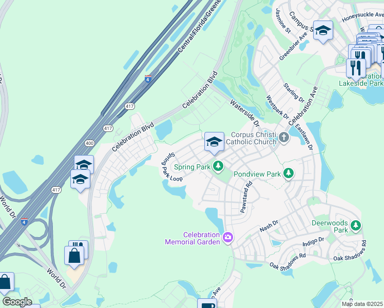 map of restaurants, bars, coffee shops, grocery stores, and more near 1115 Rush Street in Kissimmee