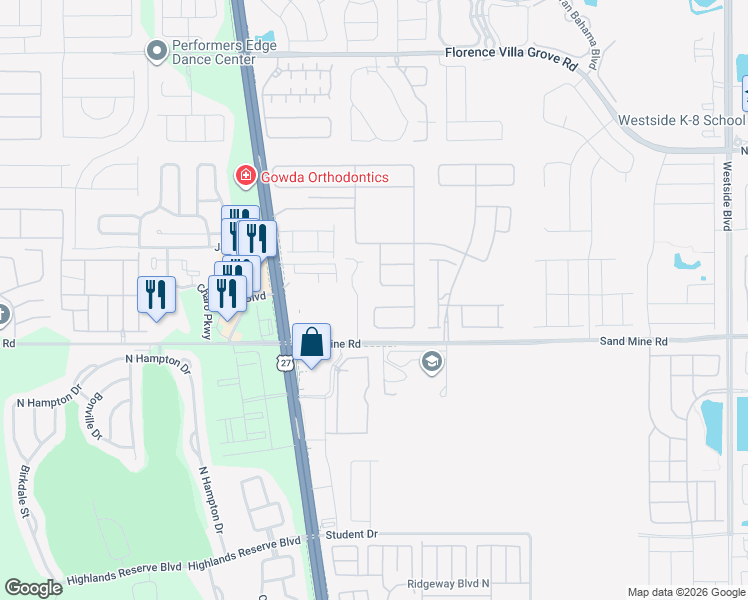 map of restaurants, bars, coffee shops, grocery stores, and more near 49585 Hwy 27 in Davenport