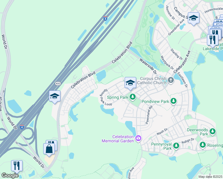 map of restaurants, bars, coffee shops, grocery stores, and more near 913 Spring Park Loop in Celebration