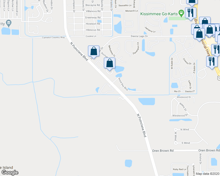 map of restaurants, bars, coffee shops, grocery stores, and more near 2048 Royal Bay Boulevard in Kissimmee
