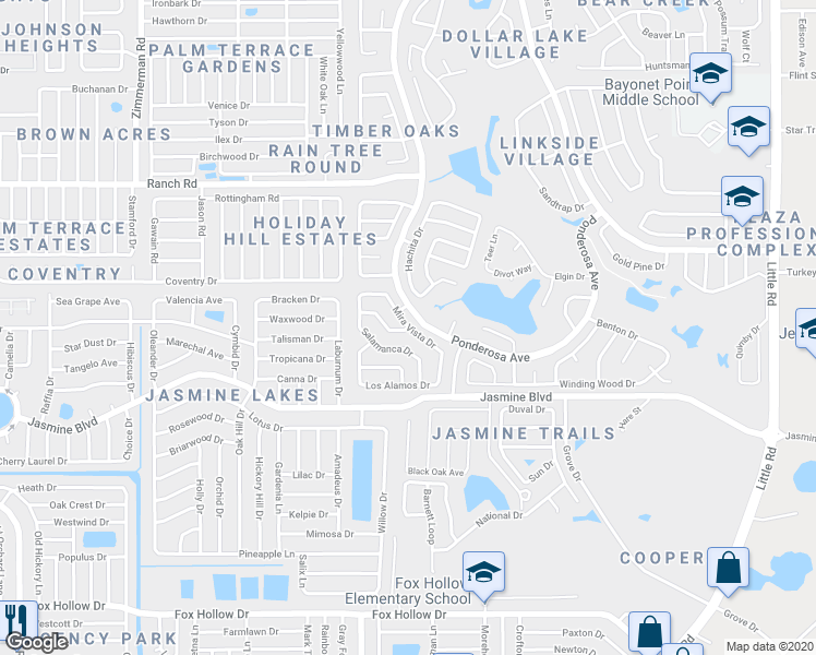 map of restaurants, bars, coffee shops, grocery stores, and more near 10641 Mira Vista Drive in Port Richey