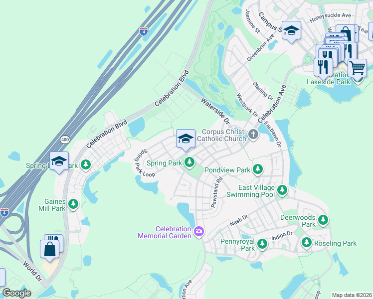 map of restaurants, bars, coffee shops, grocery stores, and more near 838 Spring Park Loop in Kissimmee
