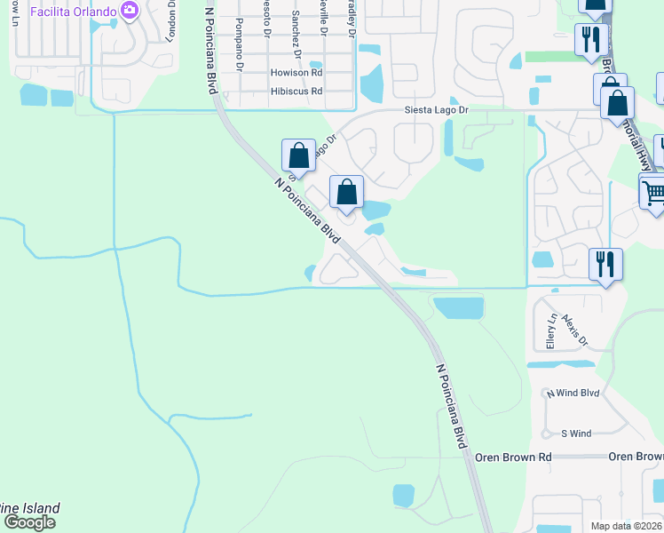 map of restaurants, bars, coffee shops, grocery stores, and more near 5005 Laguna Bay Circle in Kissimmee