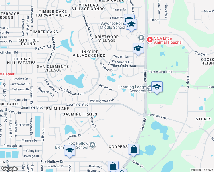 map of restaurants, bars, coffee shops, grocery stores, and more near 8629 Benton Drive in Port Richey