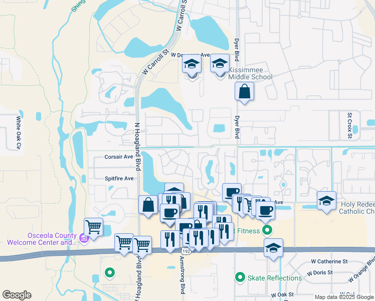 map of restaurants, bars, coffee shops, grocery stores, and more near 3831 Bowline Circle in Kissimmee