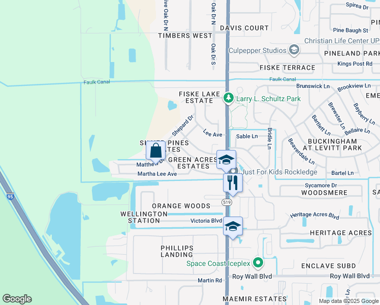 map of restaurants, bars, coffee shops, grocery stores, and more near 1045 George Avenue in Rockledge