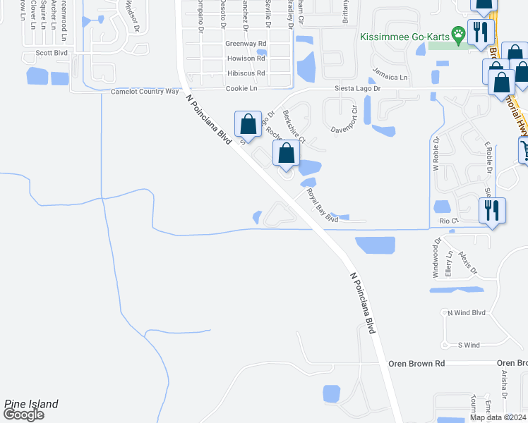 map of restaurants, bars, coffee shops, grocery stores, and more near 5007 Laguna Bay Circle in Kissimmee