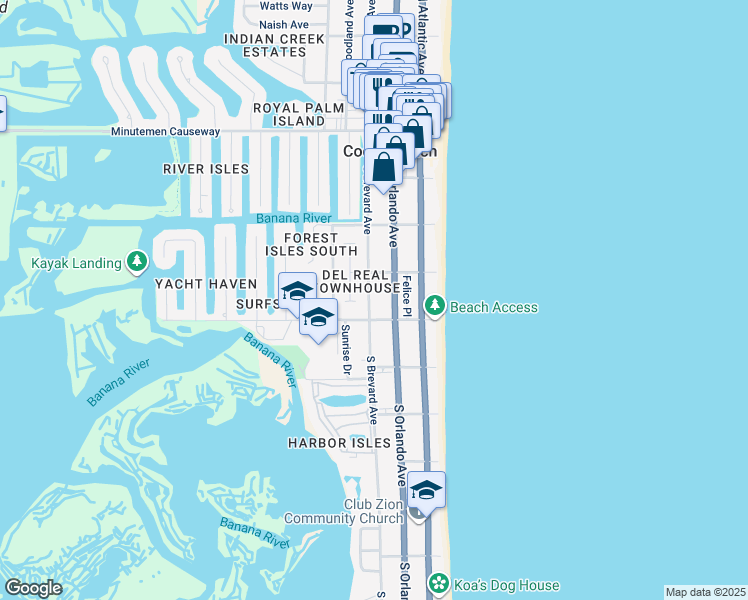 map of restaurants, bars, coffee shops, grocery stores, and more near 330 South Brevard Avenue in Cocoa Beach