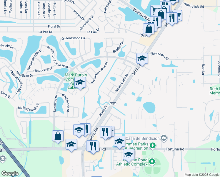 map of restaurants, bars, coffee shops, grocery stores, and more near 2210 Guadalupe Street in Kissimmee