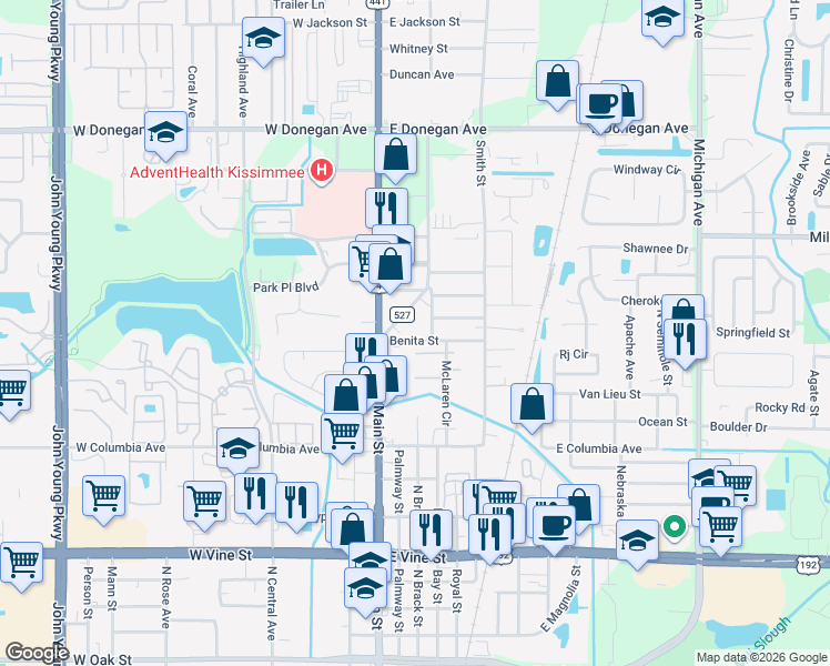map of restaurants, bars, coffee shops, grocery stores, and more near 2320 North Brack Street in Kissimmee