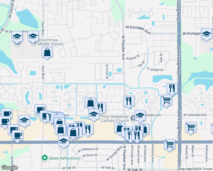 map of restaurants, bars, coffee shops, grocery stores, and more near 2212 Winding Ridge Avenue North in Kissimmee