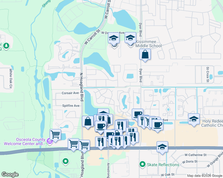map of restaurants, bars, coffee shops, grocery stores, and more near 3831 Bowline Circle in Kissimmee