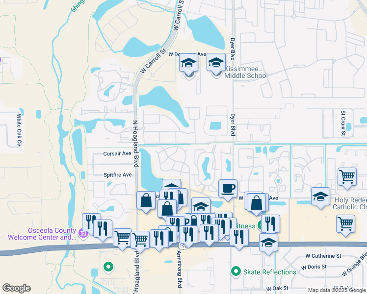 map of restaurants, bars, coffee shops, grocery stores, and more near 3831 Bowline Circle in Kissimmee