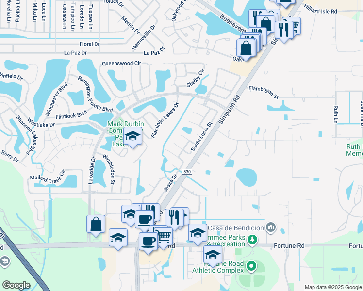 map of restaurants, bars, coffee shops, grocery stores, and more near 2210 Guadalupe Street in Kissimmee