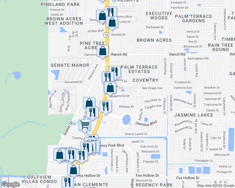 map of restaurants, bars, coffee shops, grocery stores, and more near 7033 Bougenville Drive in Port Richey