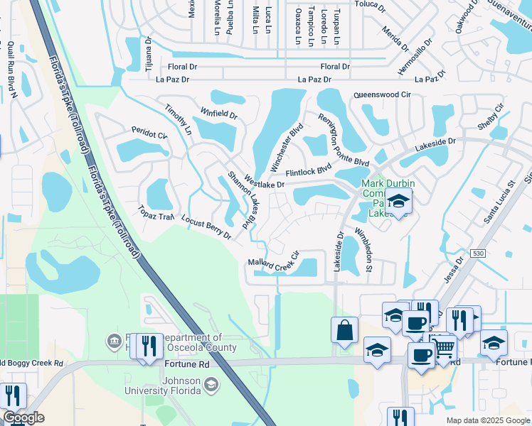 map of restaurants, bars, coffee shops, grocery stores, and more near 2078 Shannon Lakes Boulevard in Kissimmee