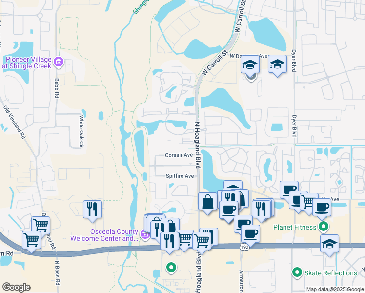 map of restaurants, bars, coffee shops, grocery stores, and more near 2207 Antigua Place in Kissimmee