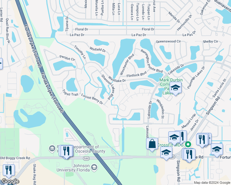 map of restaurants, bars, coffee shops, grocery stores, and more near 2083 Shannon Lakes Boulevard in Kissimmee