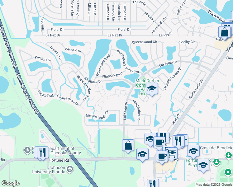map of restaurants, bars, coffee shops, grocery stores, and more near 2177 Cypress Bay Boulevard in Kissimmee
