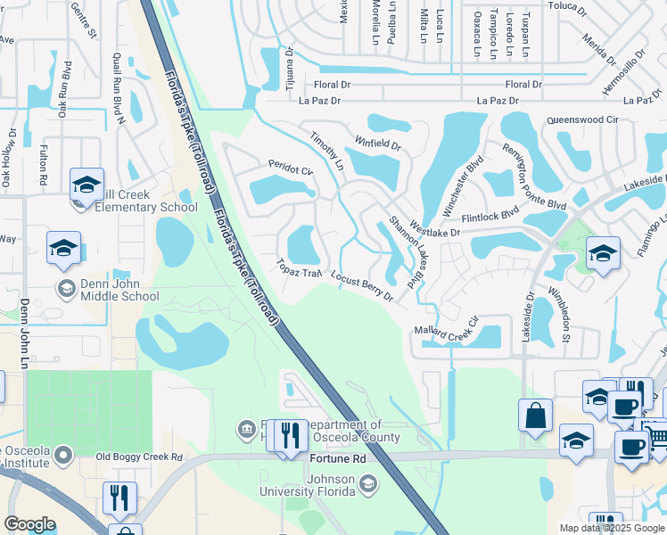 map of restaurants, bars, coffee shops, grocery stores, and more near 2363 Topaz Trail in Kissimmee
